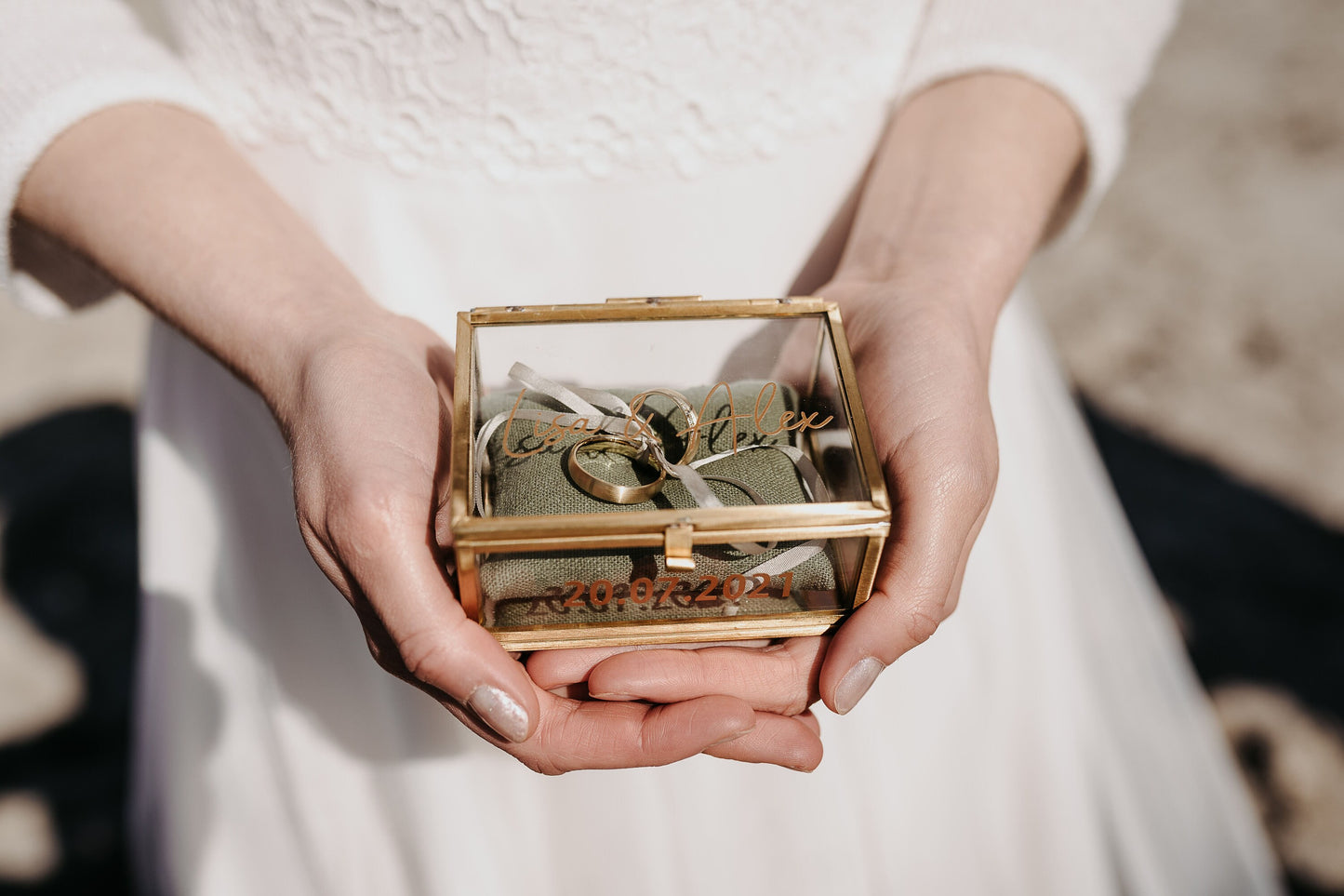 Ringkästchen Gold mit Oliven Kissen | Ringbox aus Glas Eckig | zur Hochzeit personalisiert