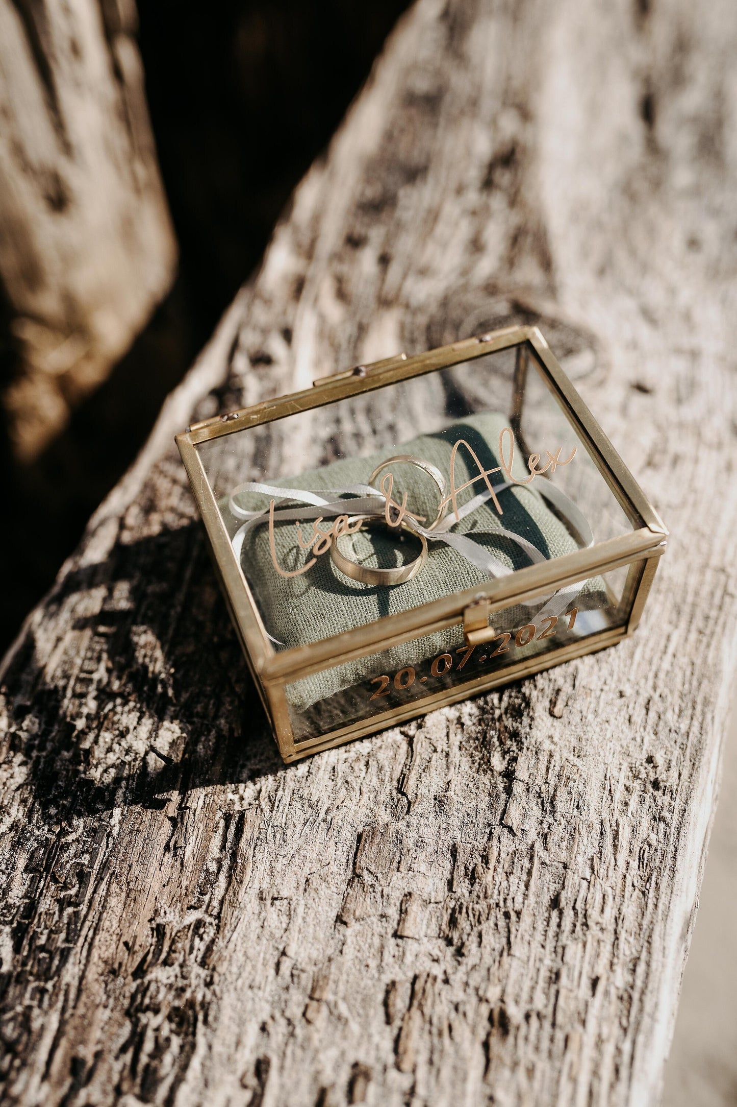 Ringkästchen Gold mit Oliven Kissen | Ringbox aus Glas Eckig | zur Hochzeit personalisiert