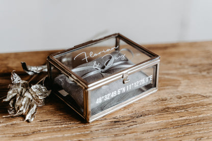Ringkästchen Silber mit grauem Kissen | Ringbox aus Glas Eckig | zur Hochzeit personalisiert