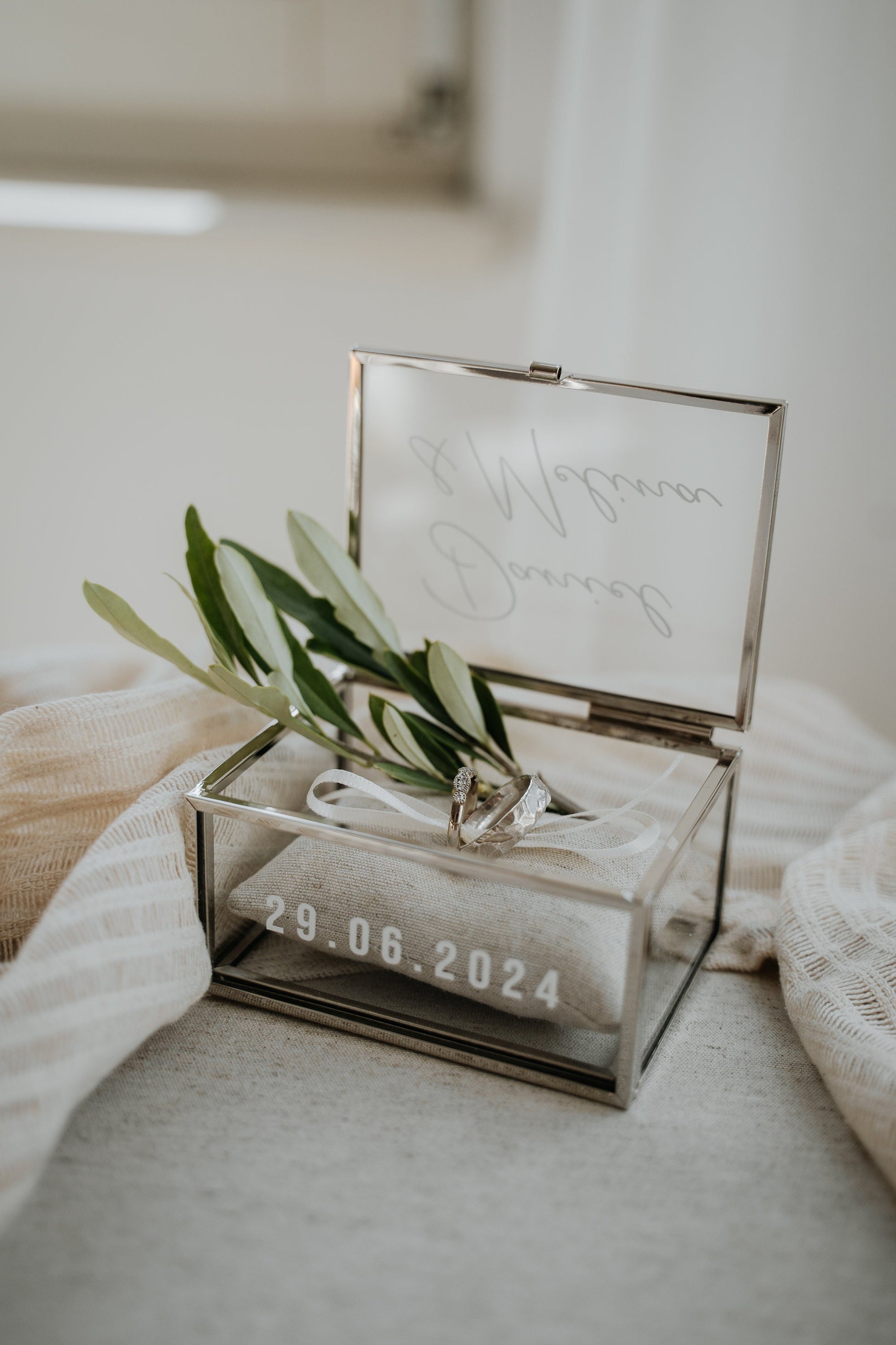 Ringkästchen Silber | Ringbox aus Glas Eckig optional mit Ringkissen Sand| zur Hochzeit personalisiert