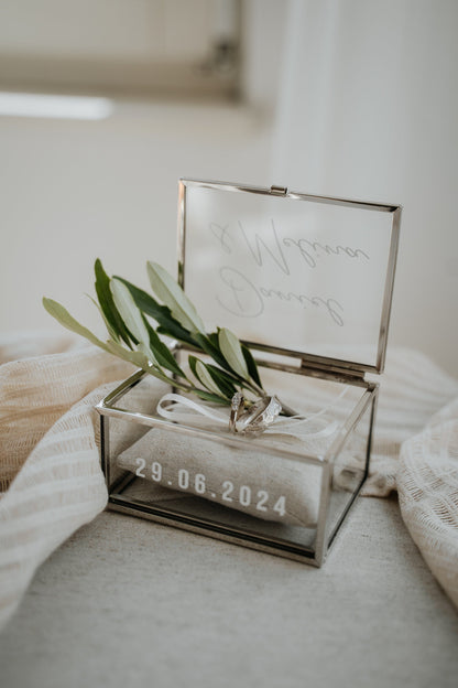 Ringkästchen Silber | Ringbox aus Glas Eckig optional mit Ringkissen Sand| zur Hochzeit personalisiert