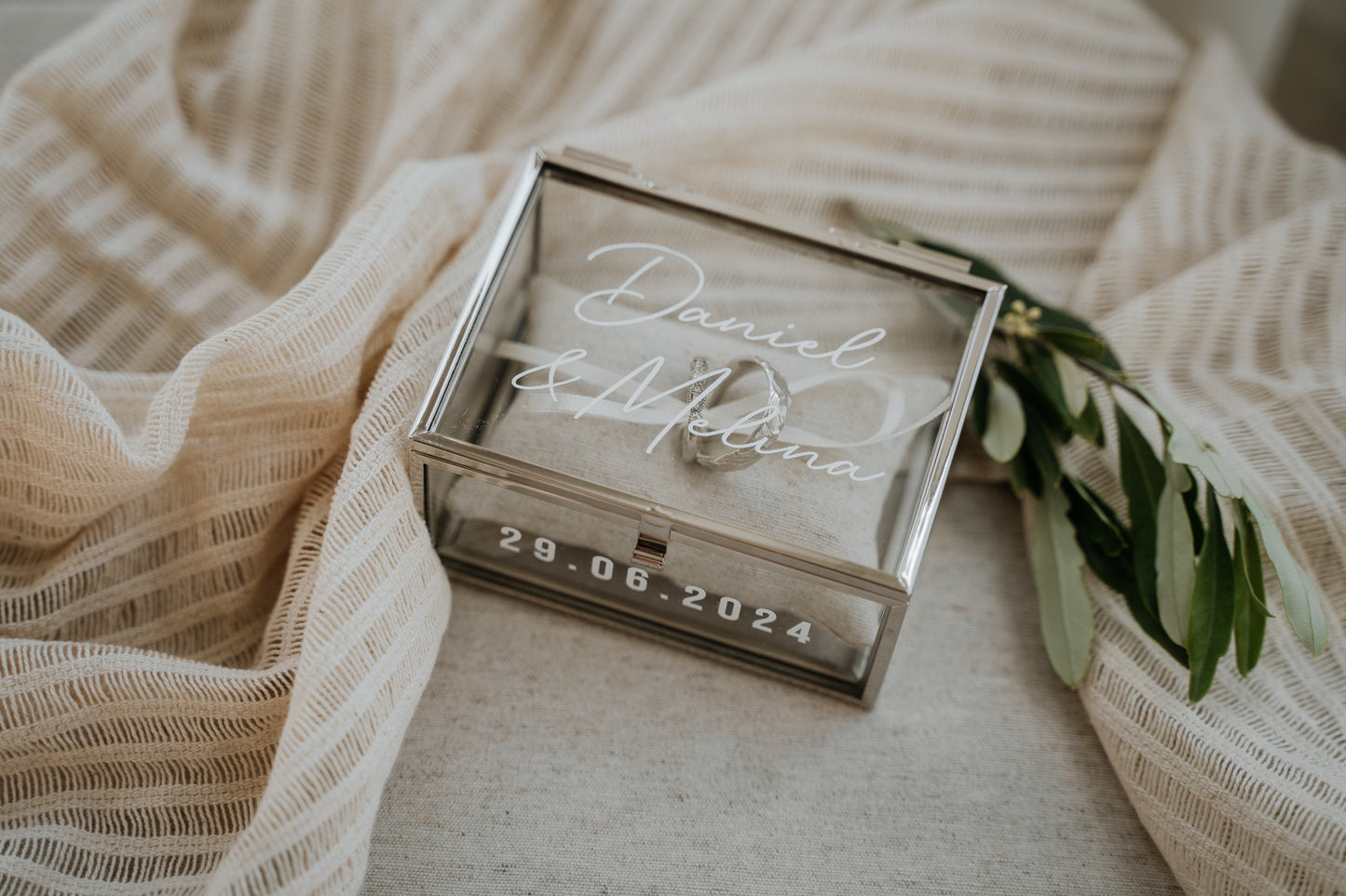 Ringkästchen Silber | Ringbox aus Glas Eckig optional mit Ringkissen Sand| zur Hochzeit personalisiert