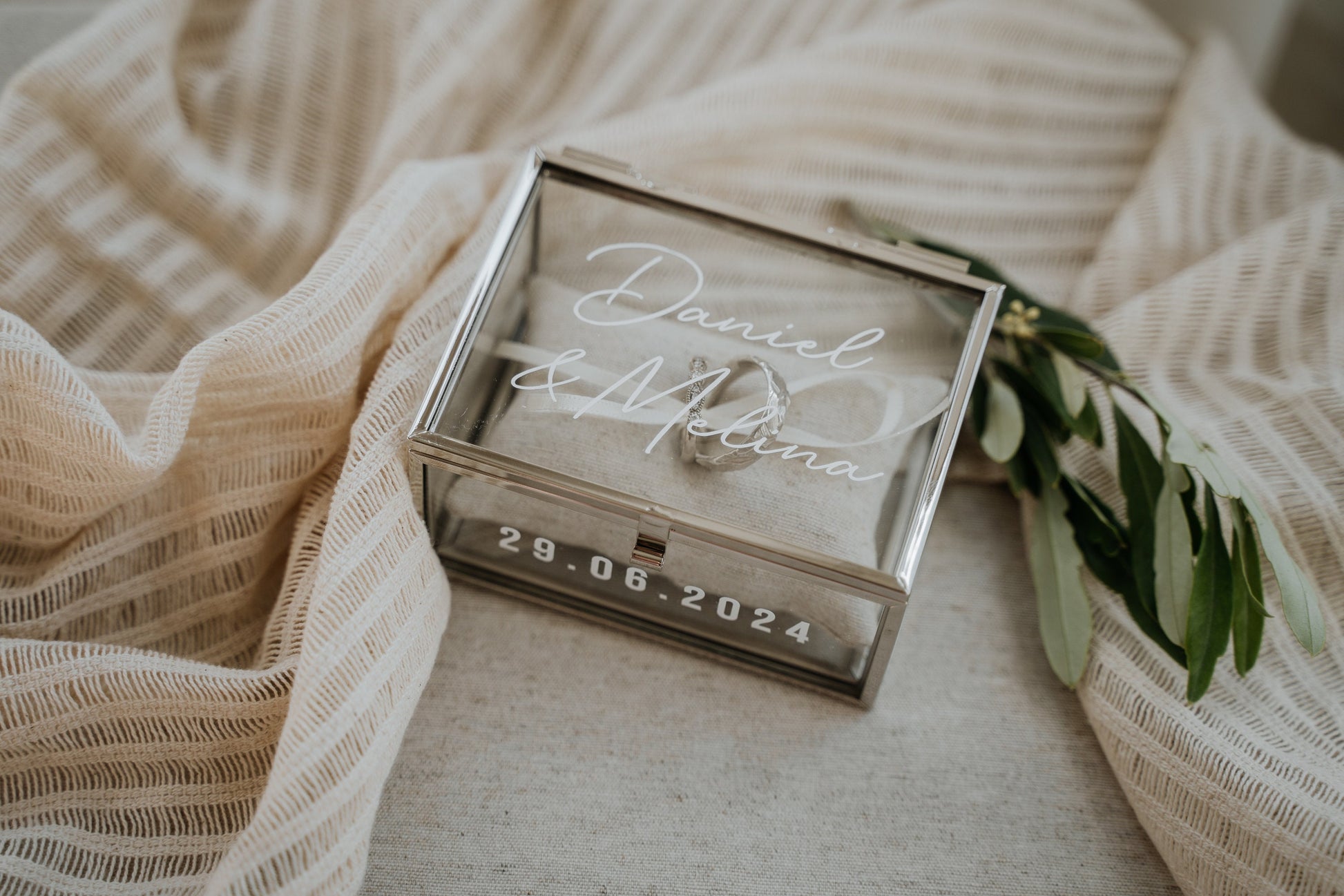Ringkästchen Silber | Ringbox aus Glas Eckig optional mit Ringkissen Sand| zur Hochzeit personalisiert
