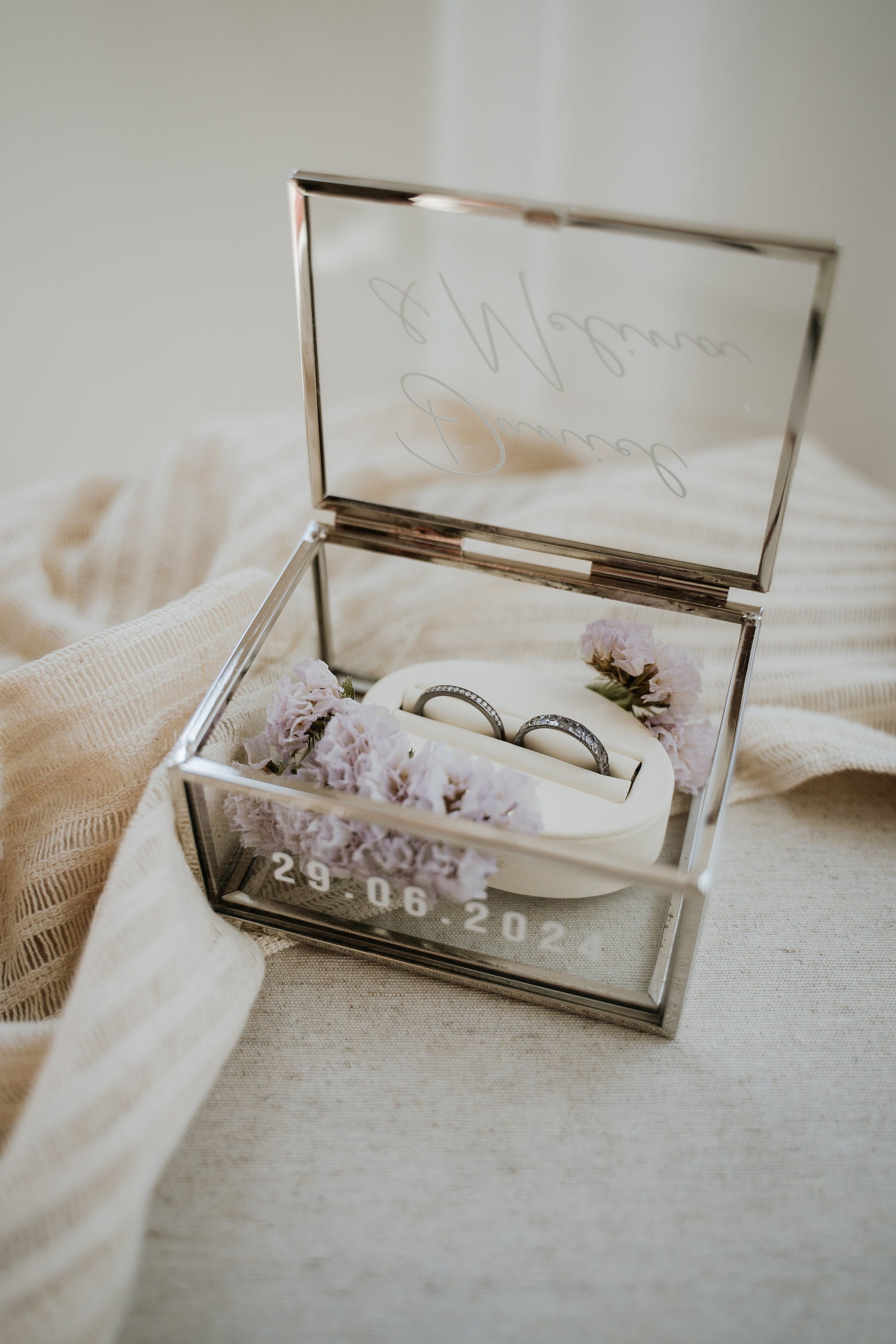 Ringkästchen Silber | Ringbox aus Glas Eckig optional mit Ringhalter| zur Hochzeit personalisiert