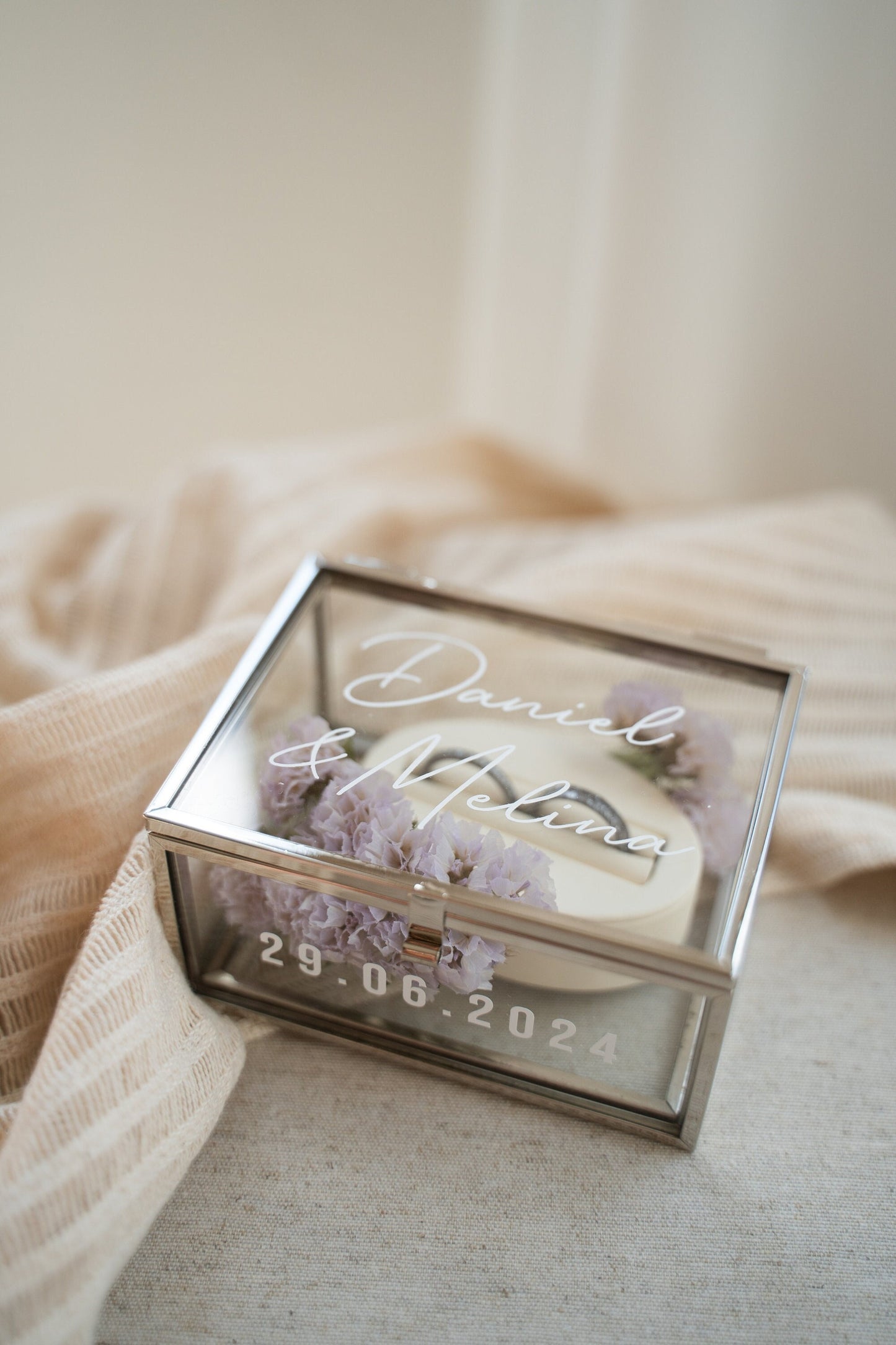 Ringkästchen Silber | Ringbox aus Glas Eckig optional mit Ringhalter| zur Hochzeit personalisiert