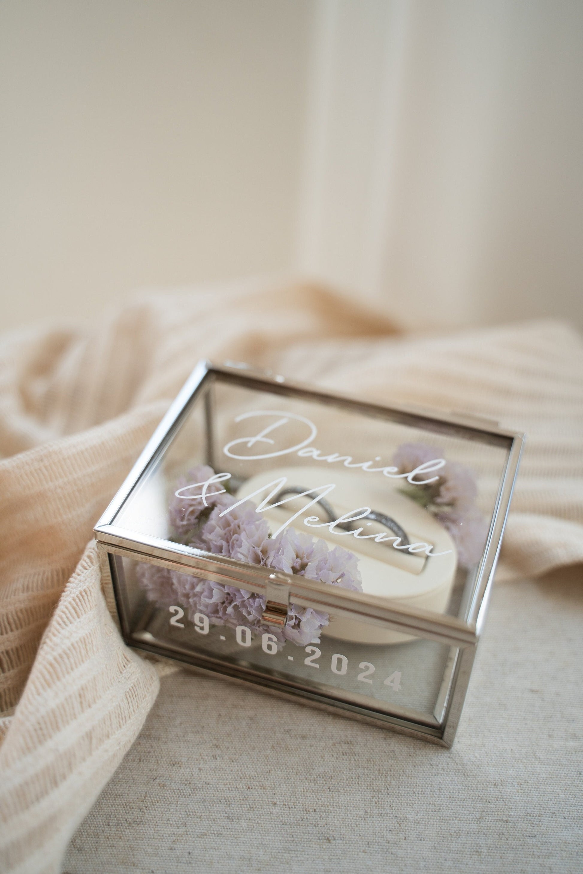 Ringkästchen Silber | Ringbox aus Glas Eckig optional mit Ringhalter| zur Hochzeit personalisiert
