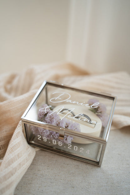 Ringkästchen Silber | Ringbox aus Glas Eckig optional mit Ringhalter| zur Hochzeit personalisiert