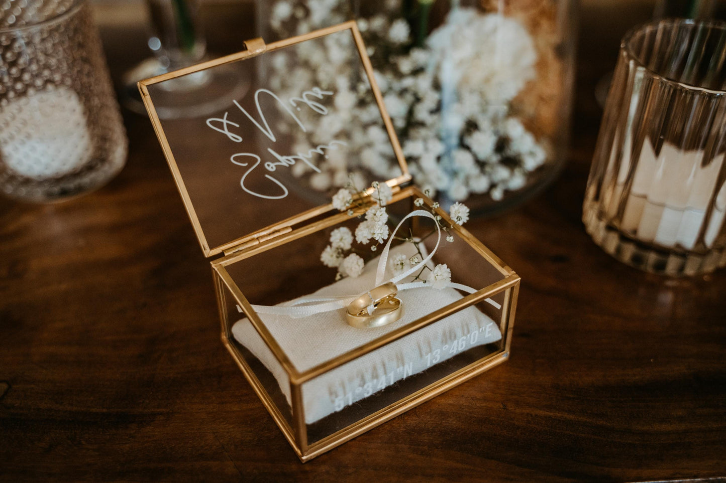 Ring Box Gold with Beige Pillow | Glass Ring Box Square | personalized for the wedding present