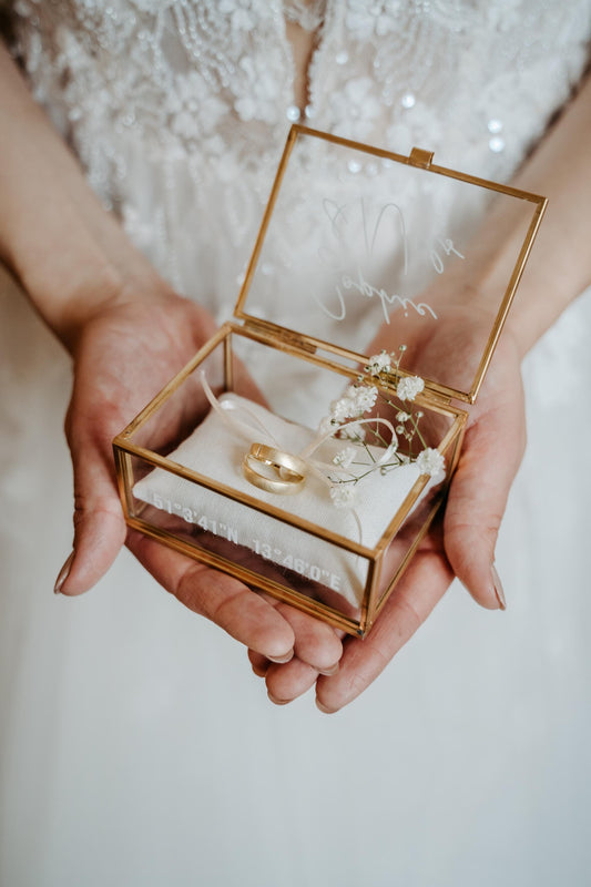 Ring Box Gold with Beige Pillow | Glass Ring Box Square | personalized for the wedding present